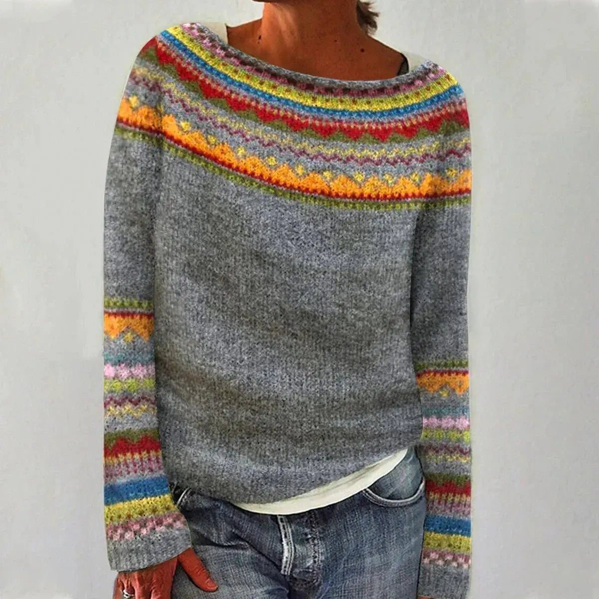 Women's Relaxed Fit Boat Neck Multicolour Nordic Jumper