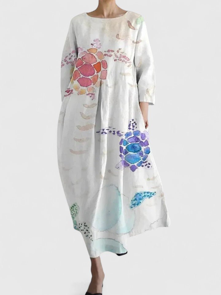 Women's Relaxed-Fit Sea Turtle Print Long-Sleeve Midi Dress