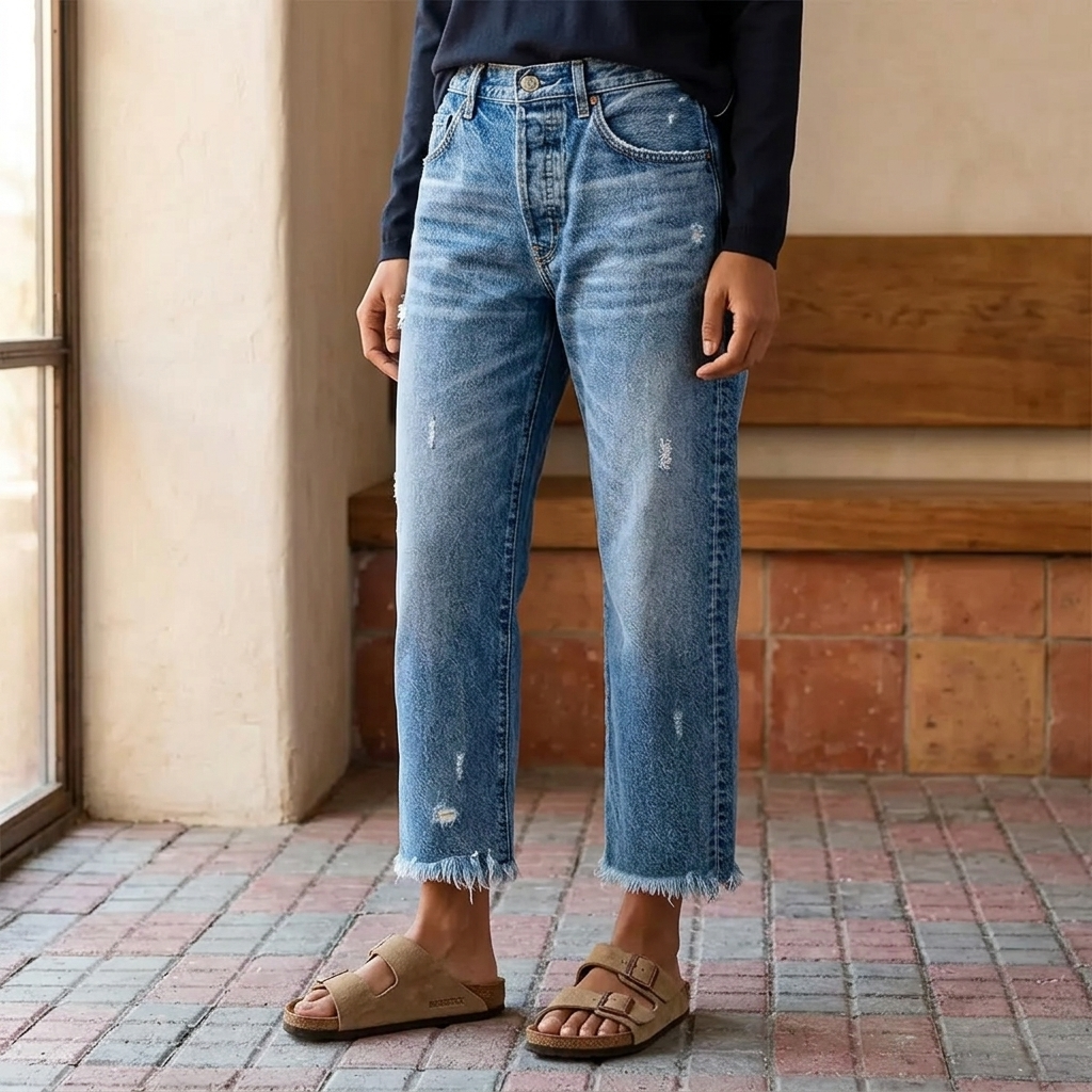 Women's Retro Fringed Cropped Straight-Leg Jeans