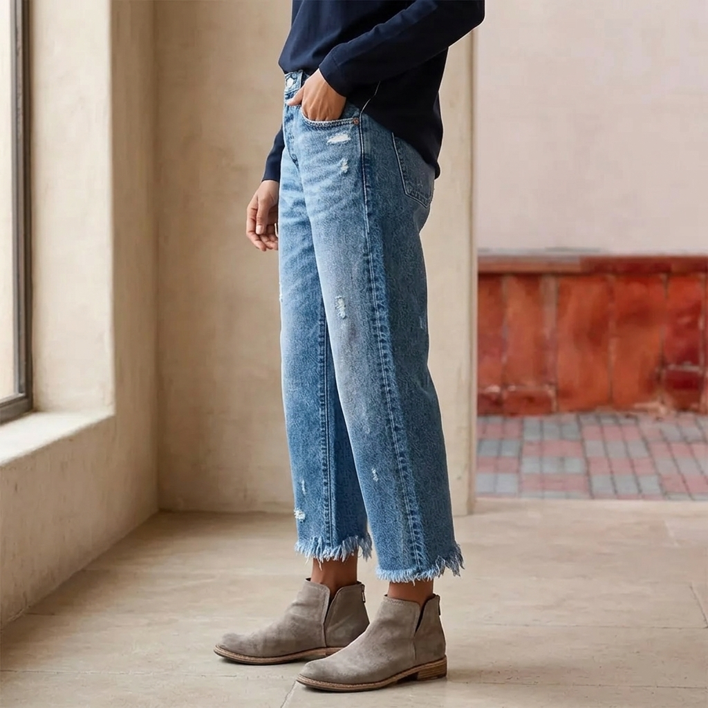 Women's Retro Fringed Cropped Straight-Leg Jeans