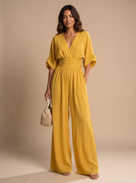 Women's Retro Wide-Leg V-Neck Wrap Jumpsuit
