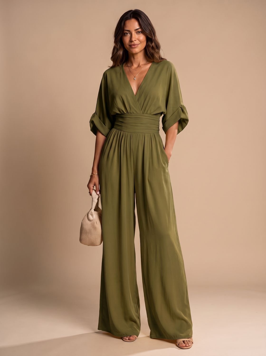 Women's Retro Wide-Leg V-Neck Wrap Jumpsuit