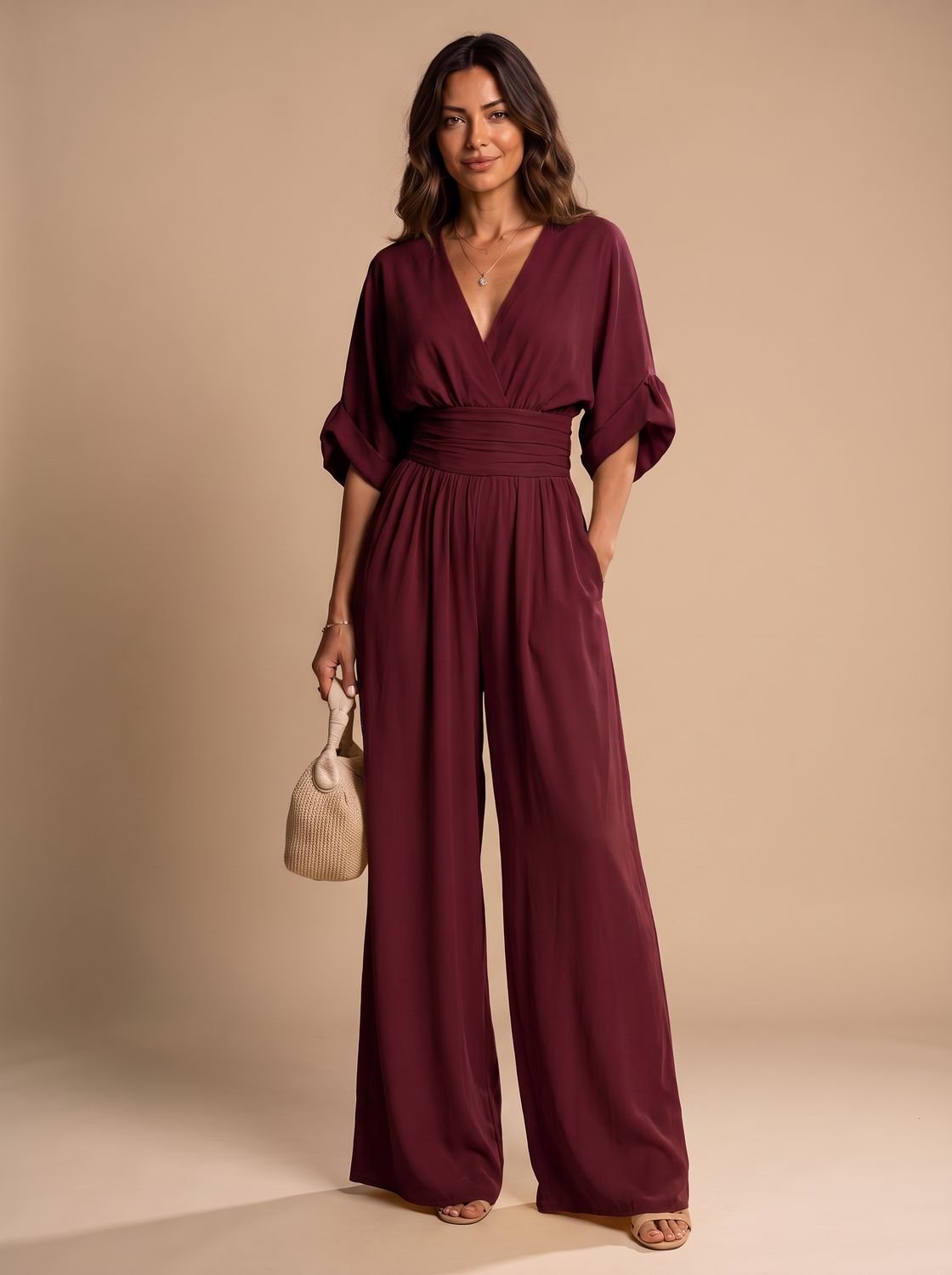Women's Retro Wide-Leg V-Neck Wrap Jumpsuit