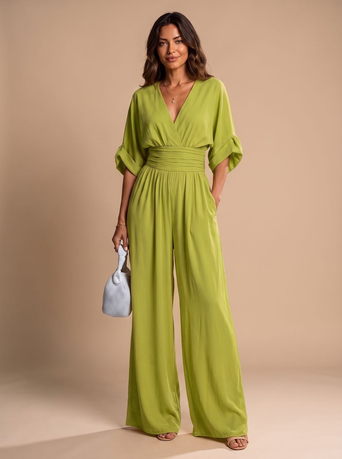 Women's Retro Wide-Leg V-Neck Wrap Jumpsuit