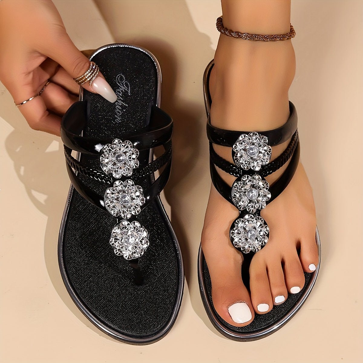 Women's Rhinestone T-Strap Slip-On Flat Sandals