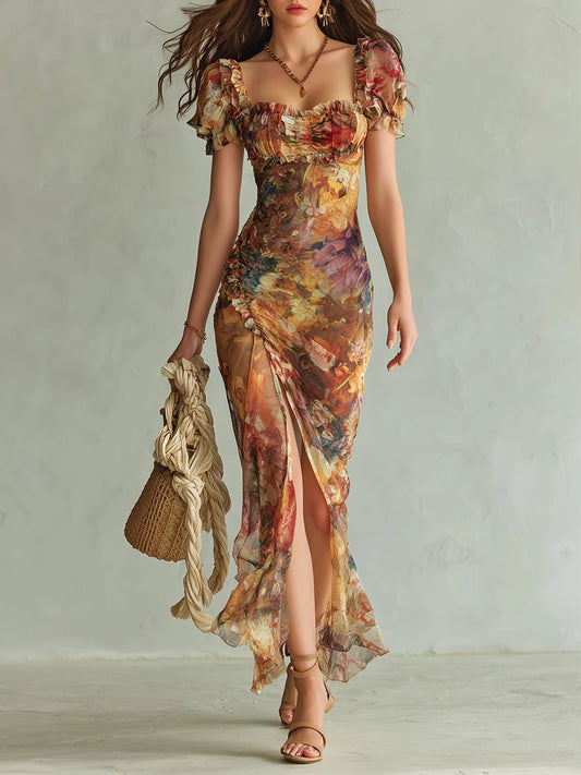 Women's Ruched Sweetheart-Neck Floral Maxi Dress