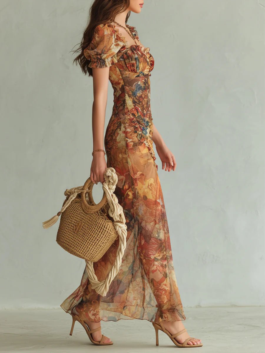 Women's Ruched Sweetheart-Neck Floral Maxi Dress