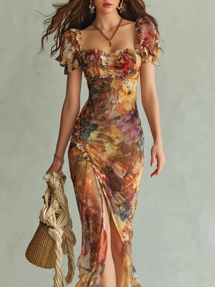 Women's Ruched Sweetheart-Neck Floral Maxi Dress