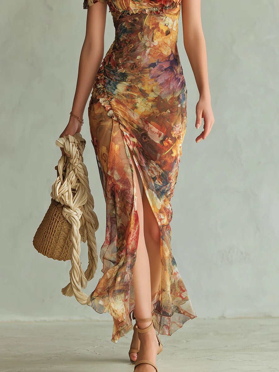 Women's Ruched Sweetheart-Neck Floral Maxi Dress
