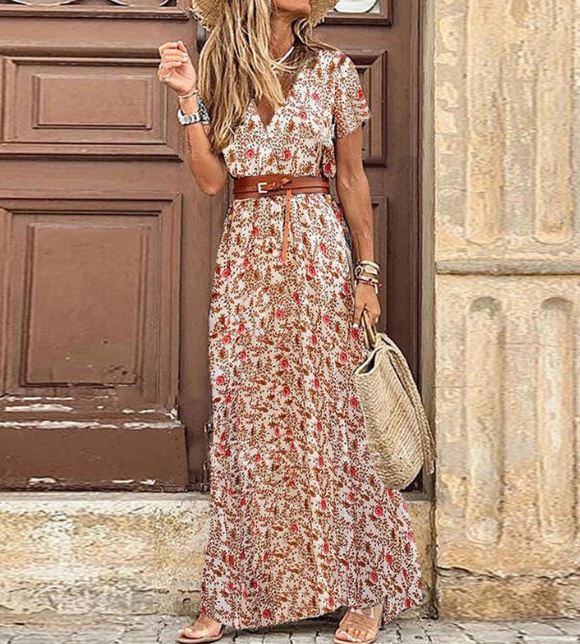 Women's Short Sleeve V-Neck Boho Maxi Dress