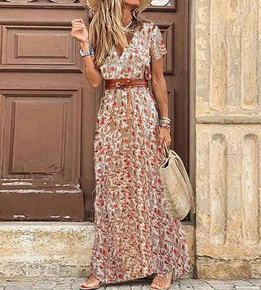 Women's Short Sleeve V-Neck Boho Maxi Dress