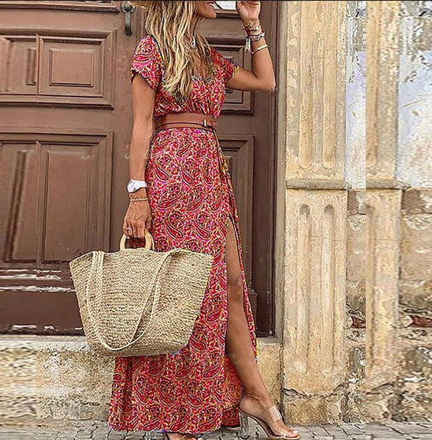 Women's Short Sleeve V-Neck Boho Maxi Dress