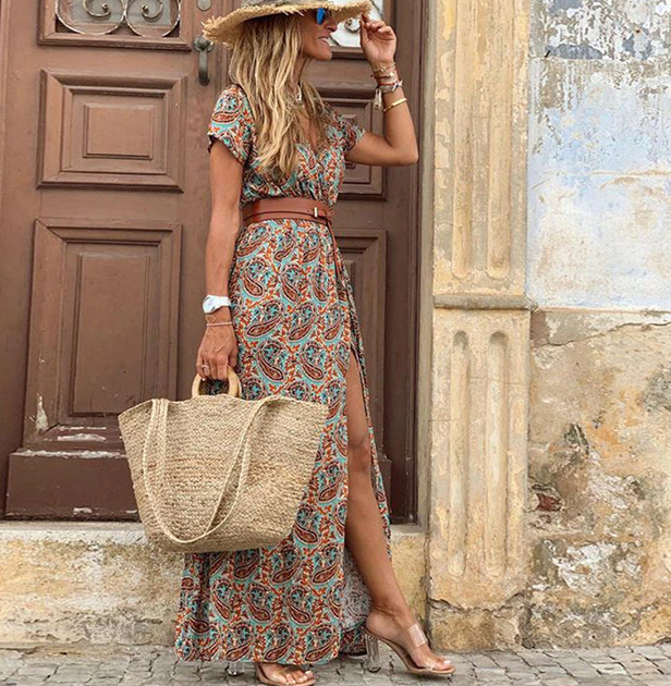 Women's Short Sleeve V-Neck Boho Maxi Dress
