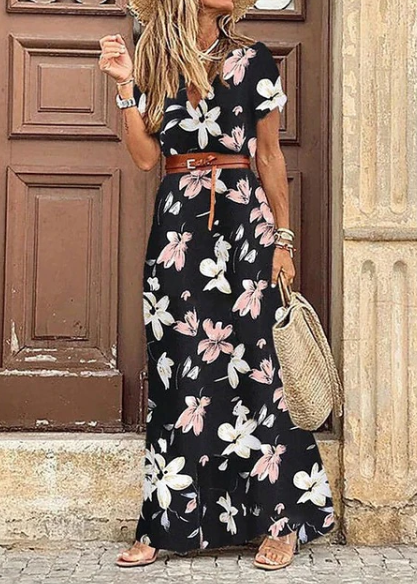 Women's Short Sleeve V-Neck Boho Maxi Dress