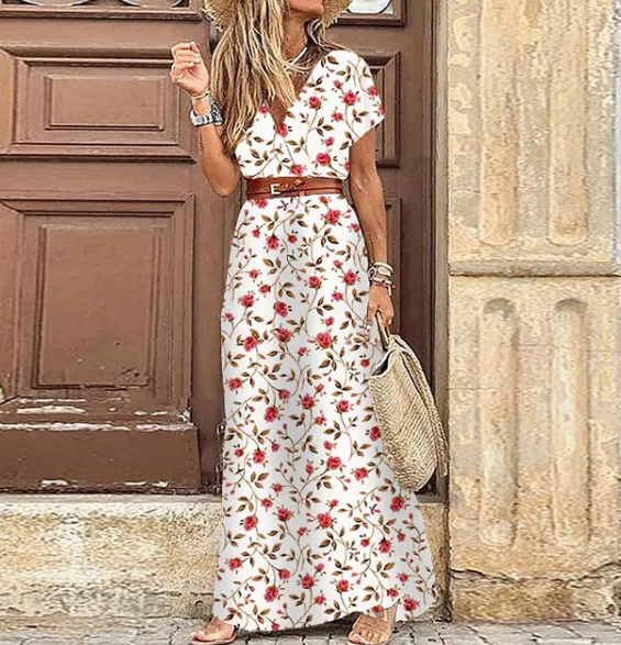 Women's Short Sleeve V-Neck Boho Maxi Dress