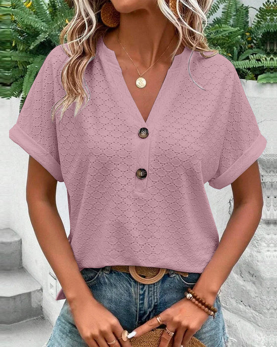 Women's Short Sleeve V-Neck Textured Top with Buttons