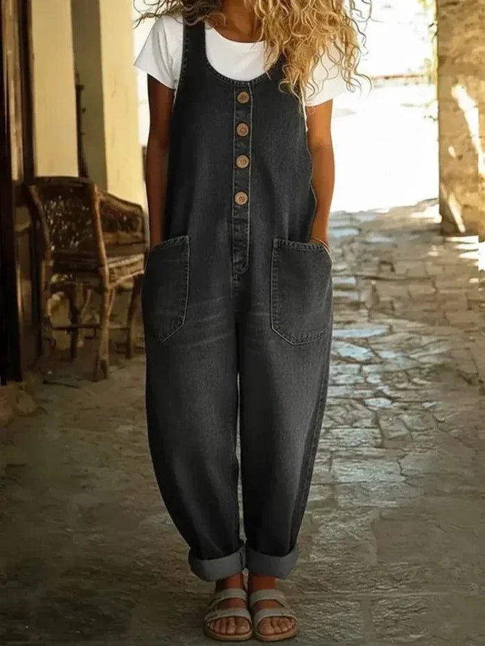 Women's Sleeveless Loose Fit Button-Front Overalls