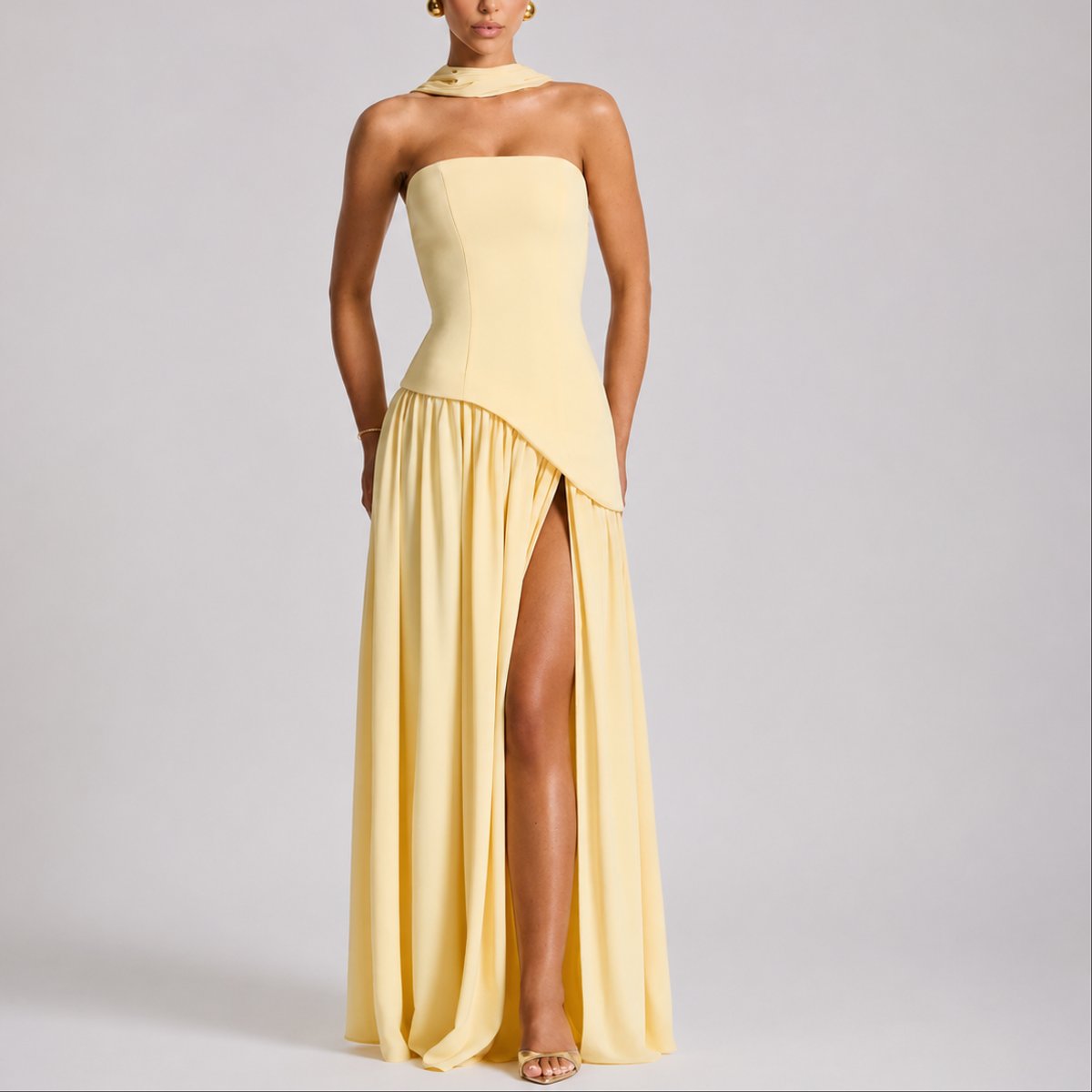 Women's Strapless Open-Back Scarf-Neck Fall Wedding Guest Maxi Dress