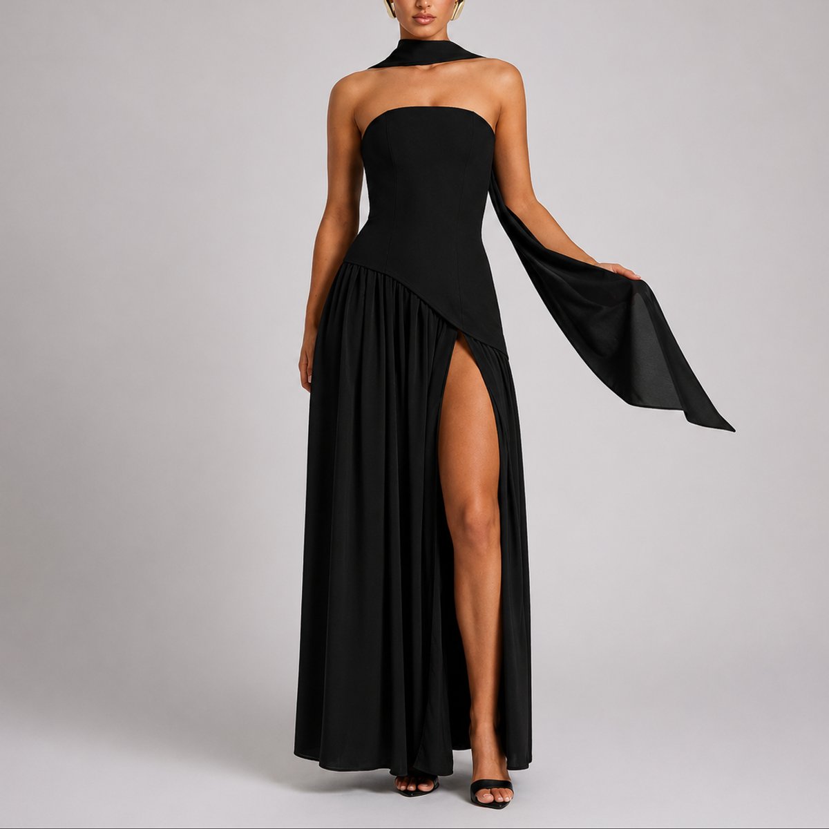 Women's Strapless Open-Back Scarf-Neck Fall Wedding Guest Maxi Dress