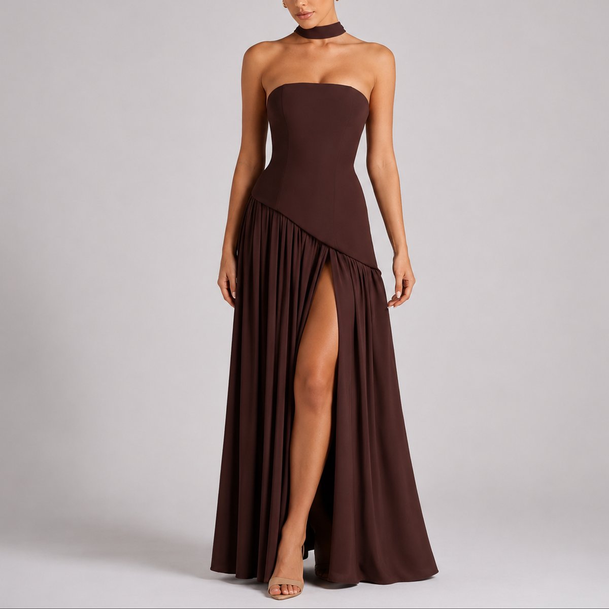 Women's Strapless Open-Back Scarf-Neck Fall Wedding Guest Maxi Dress
