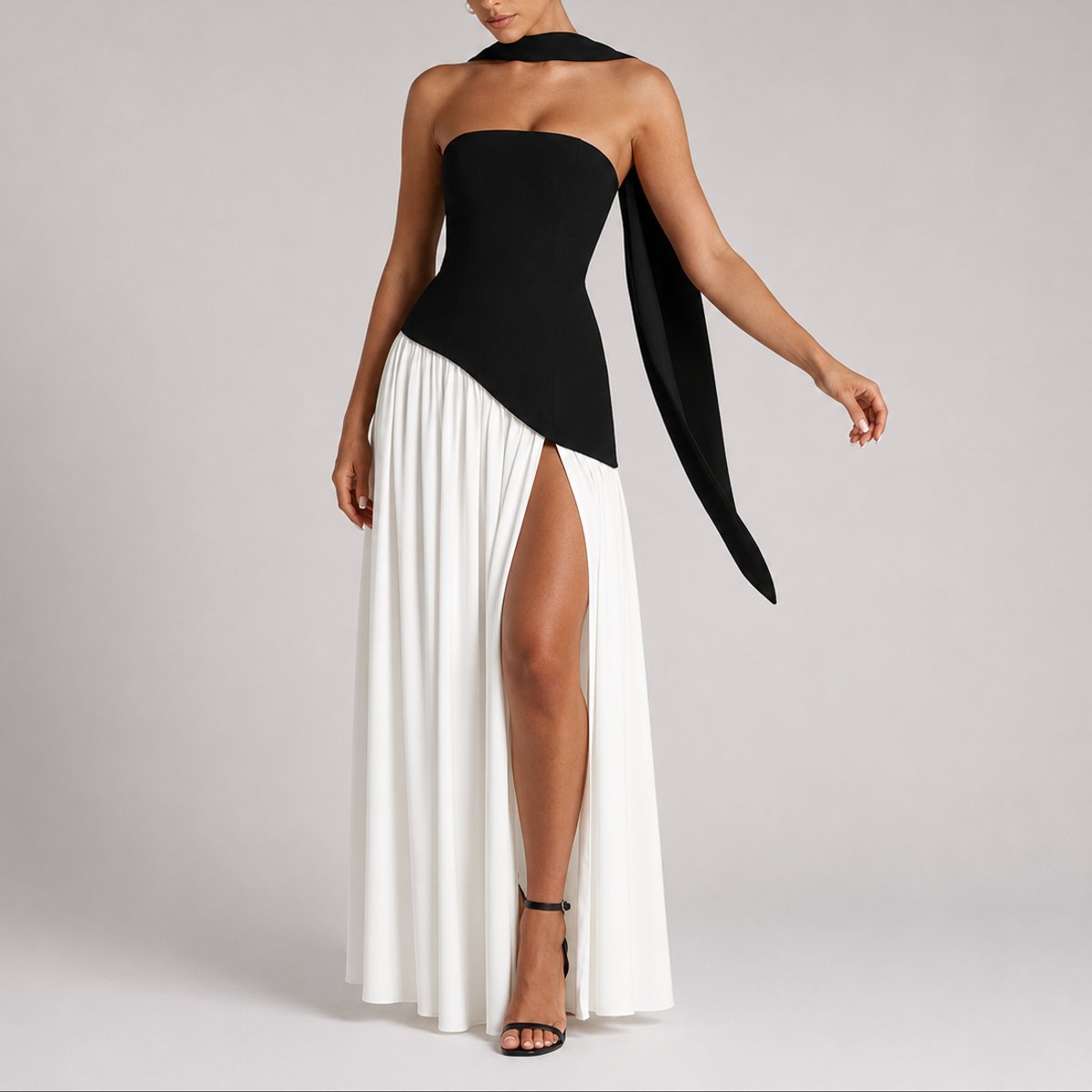 Women's Strapless Open-Back Scarf-Neck Fall Wedding Guest Maxi Dress