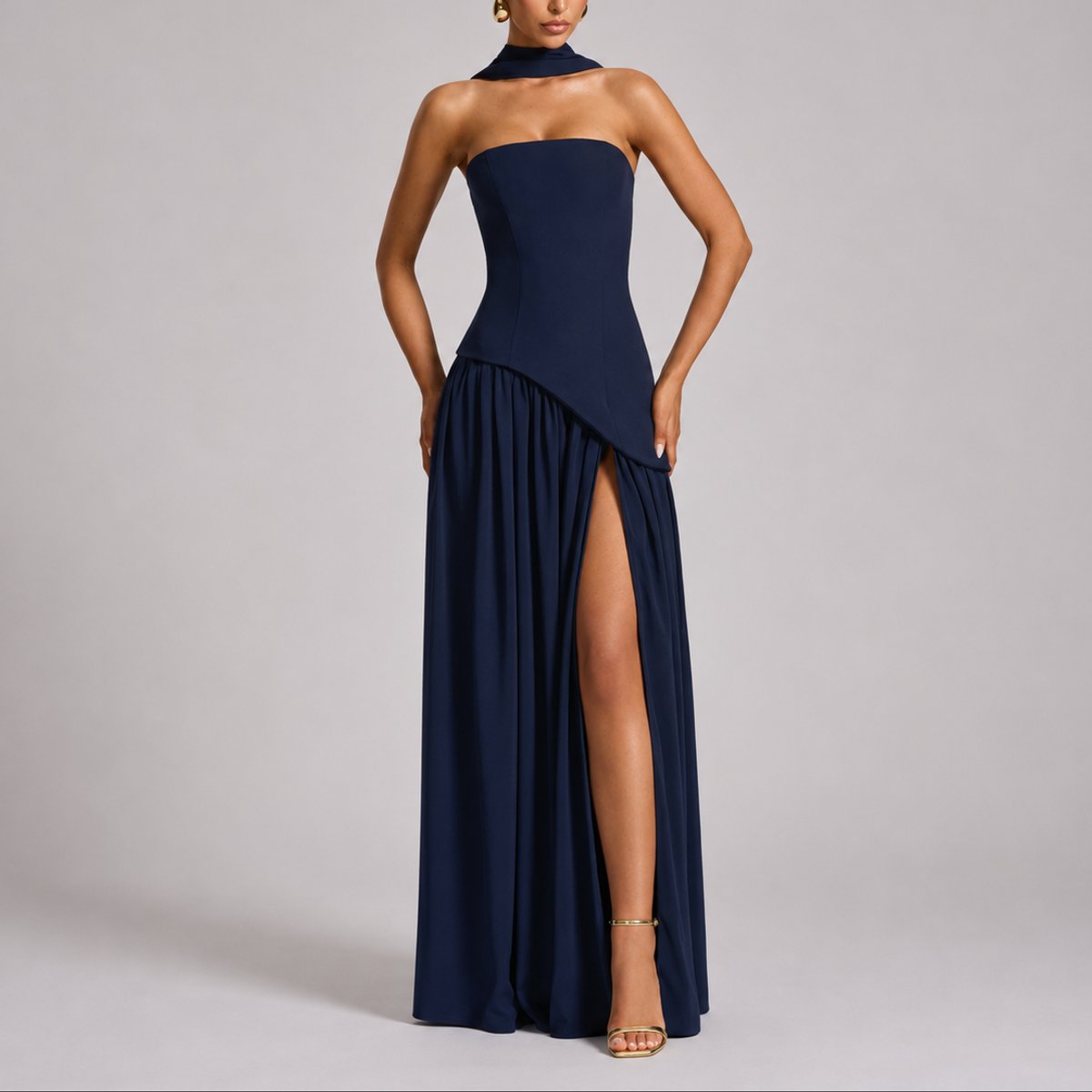 Women's Strapless Open-Back Scarf-Neck Fall Wedding Guest Maxi Dress