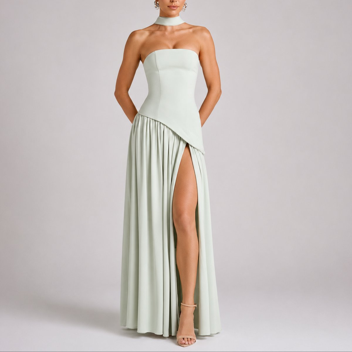 Women's Strapless Open-Back Scarf-Neck Fall Wedding Guest Maxi Dress
