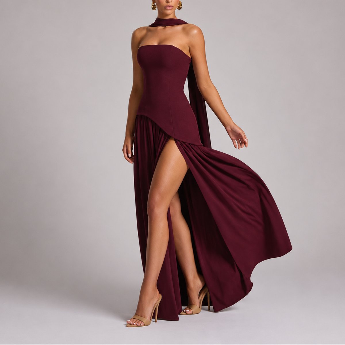 Women's Strapless Open-Back Scarf-Neck Fall Wedding Guest Maxi Dress