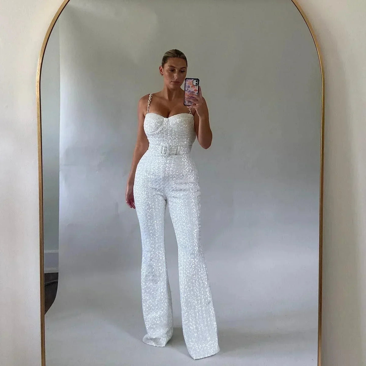 Women's Strapless Sequin Flared-Leg Jumpsuit