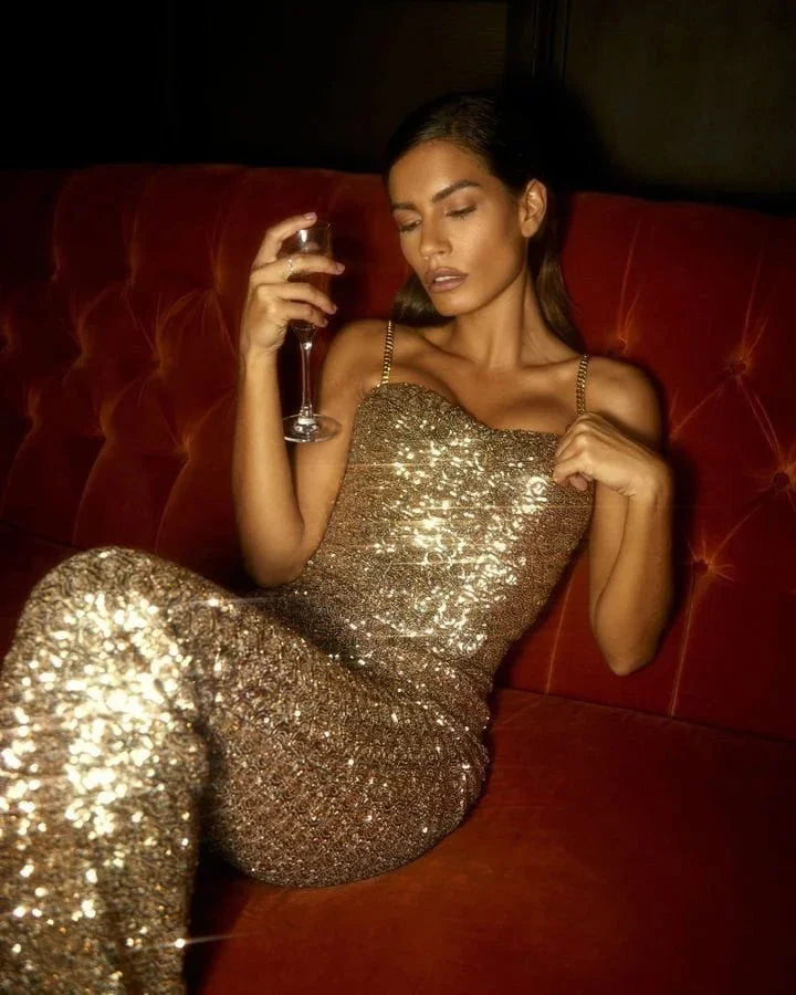 Women's Strapless Sequin Flared-Leg Jumpsuit