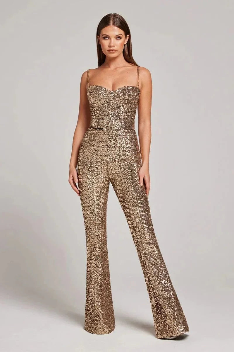 Women's Strapless Sequin Flared-Leg Jumpsuit