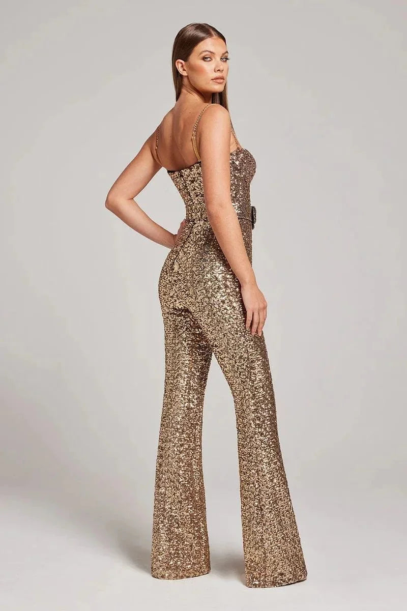 Women's Strapless Sequin Flared-Leg Jumpsuit