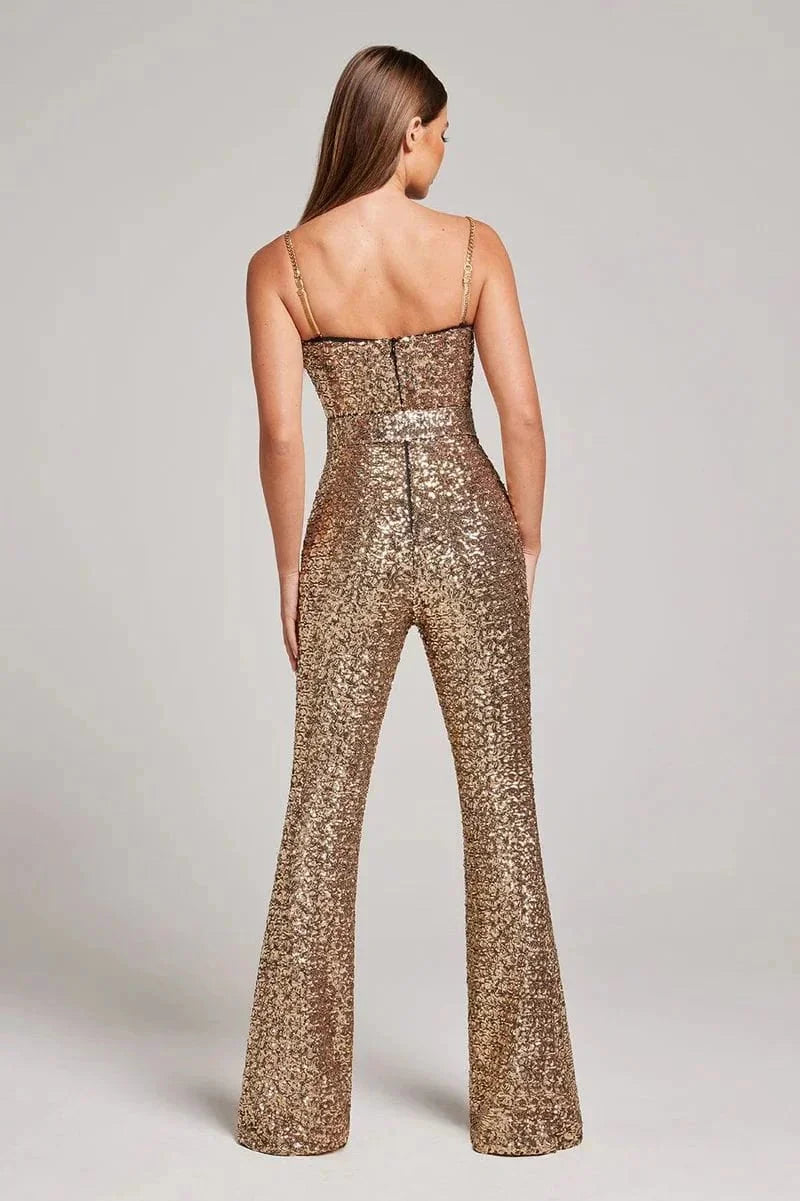 Women's Strapless Sequin Flared-Leg Jumpsuit