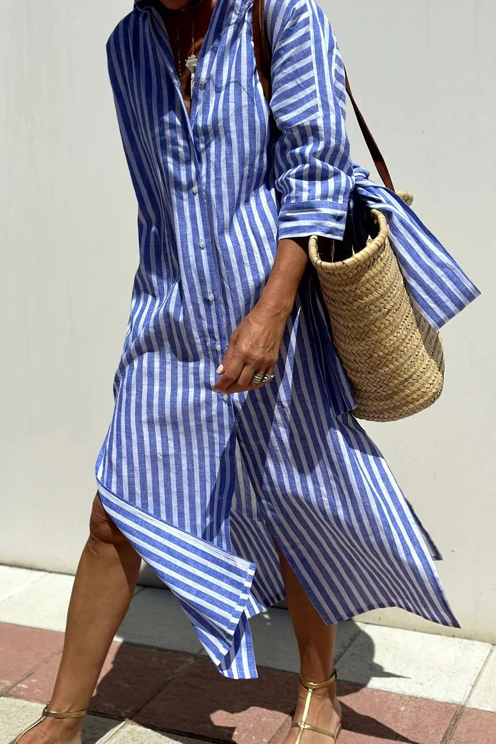 Women's Striped Button-Down Midi Shirt Dress with Tights & Boots