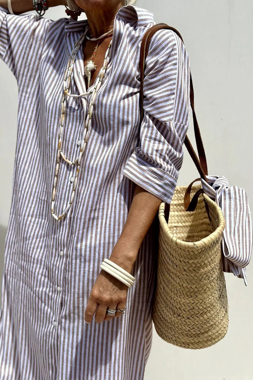 Women's Striped Button-Down Midi Shirt Dress with Tights & Boots