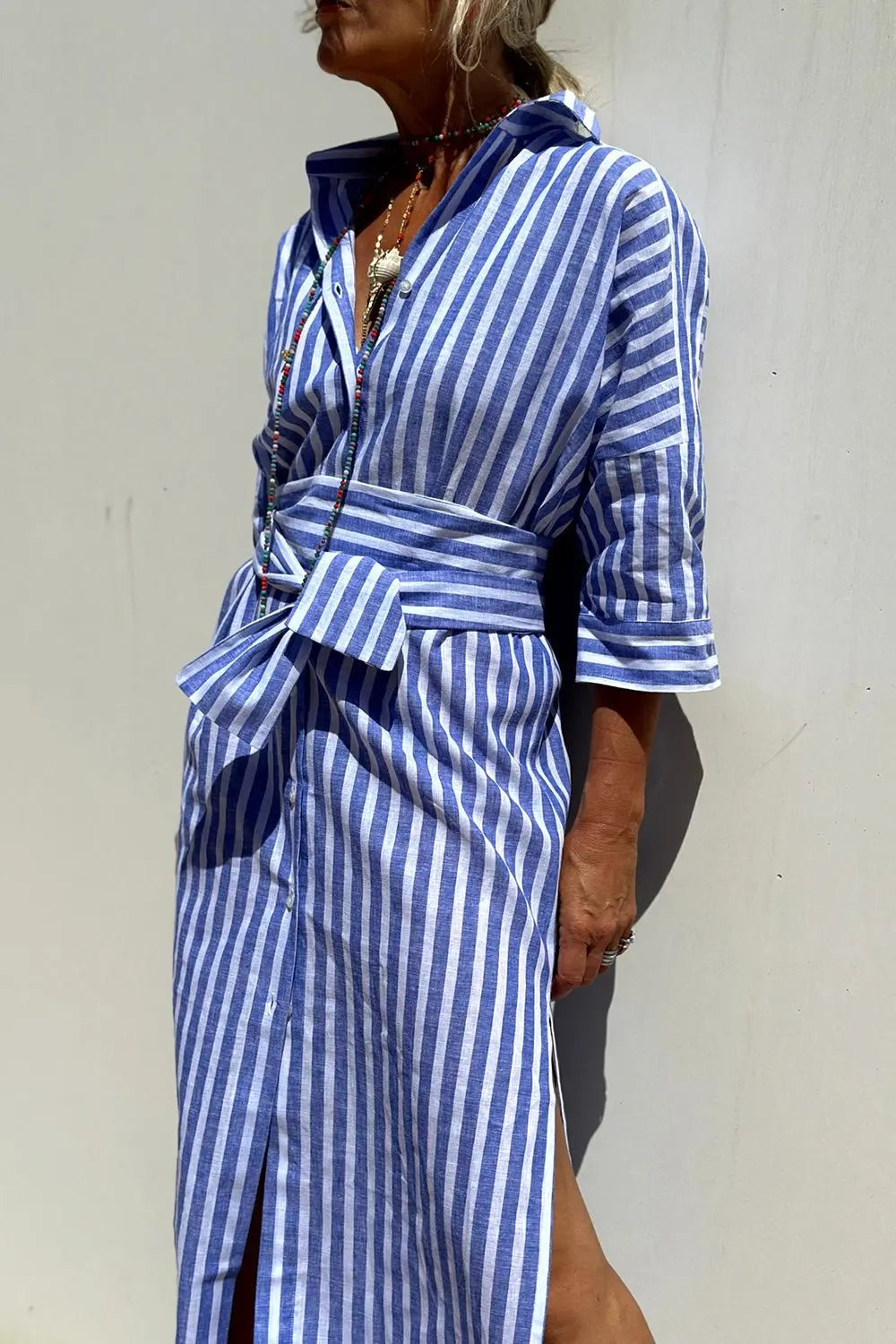 Women's Striped Button-Down Midi Shirt Dress with Tights & Boots