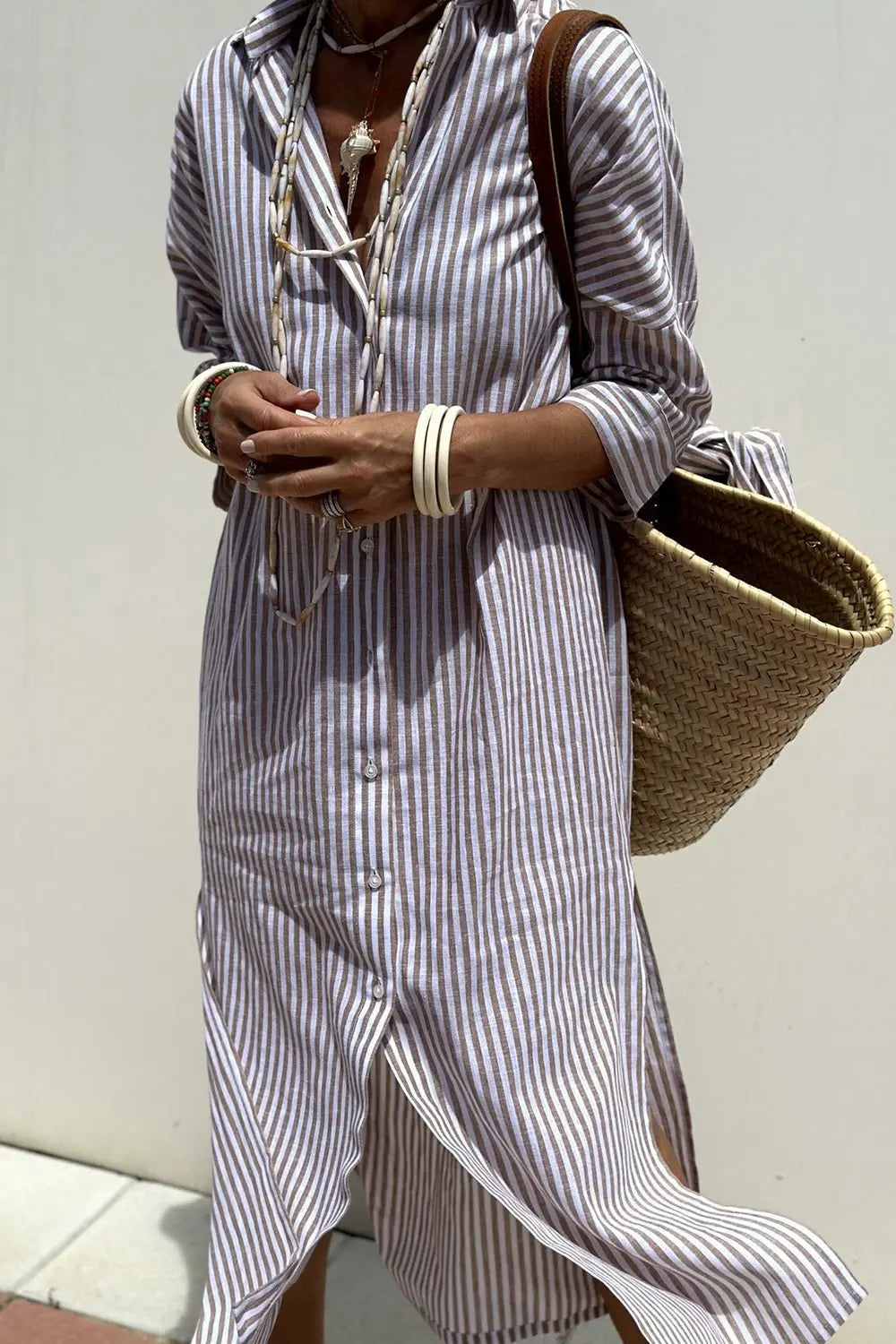 Women's Striped Button-Down Midi Shirt Dress with Tights & Boots