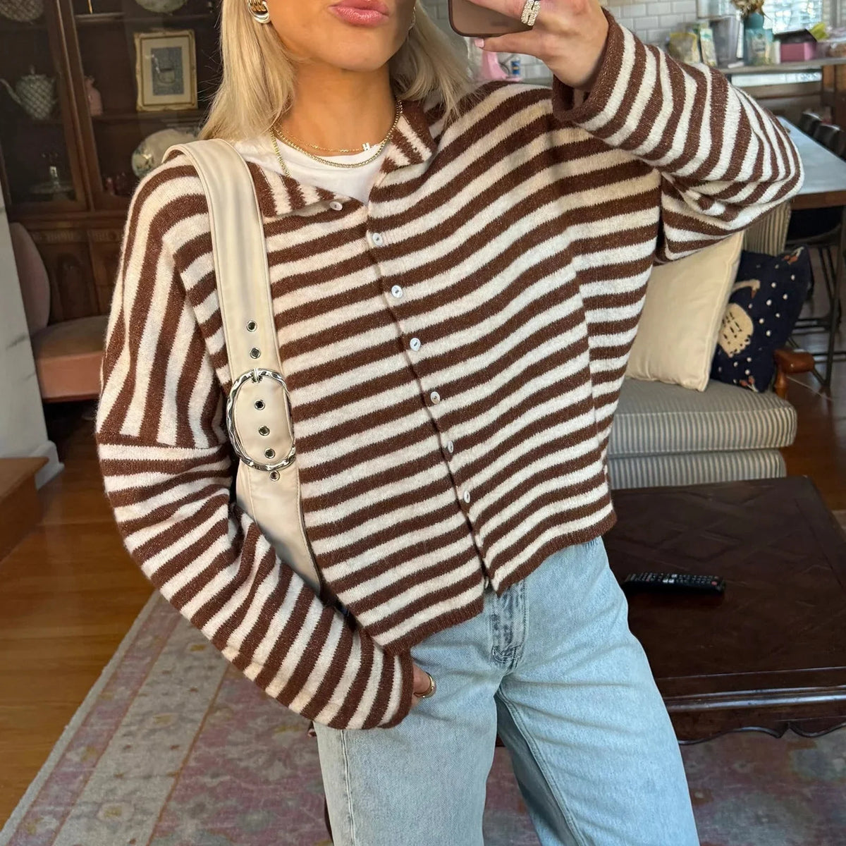 Women's Striped Button-Front Cardigan Sweater