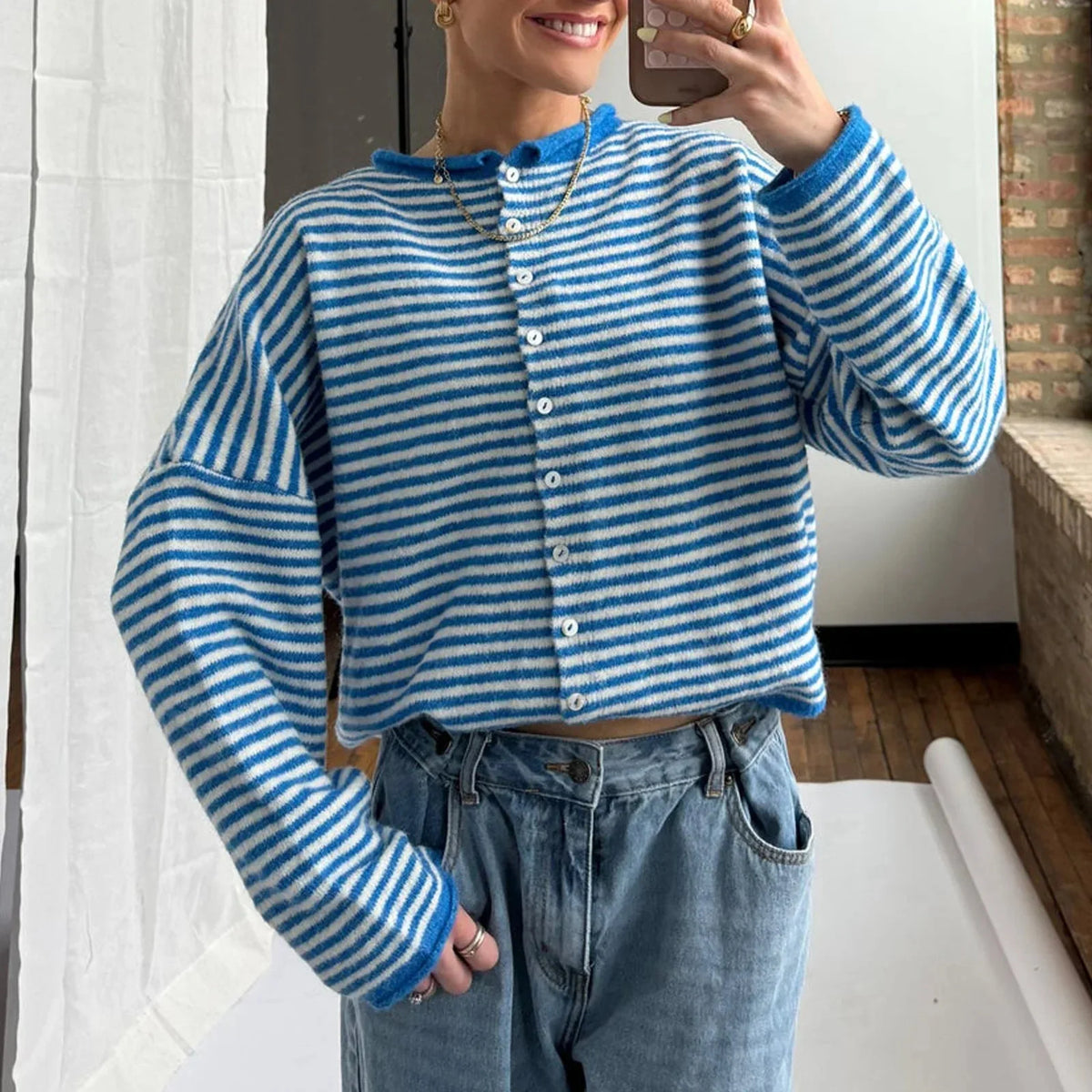 Women's Striped Button-Front Cardigan Sweater