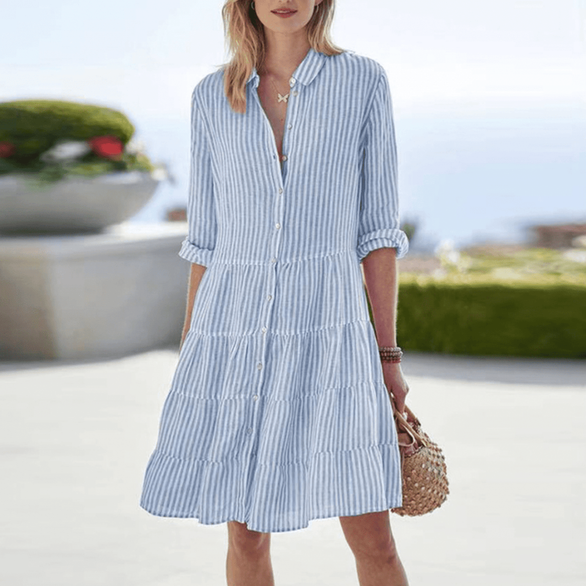 Women's Striped Button-Front Midi Dress