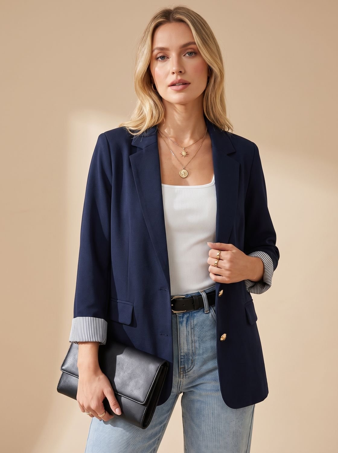 Women's Striped-Cuff Roll-Up Sleeve Soft-Tailored Blazer
