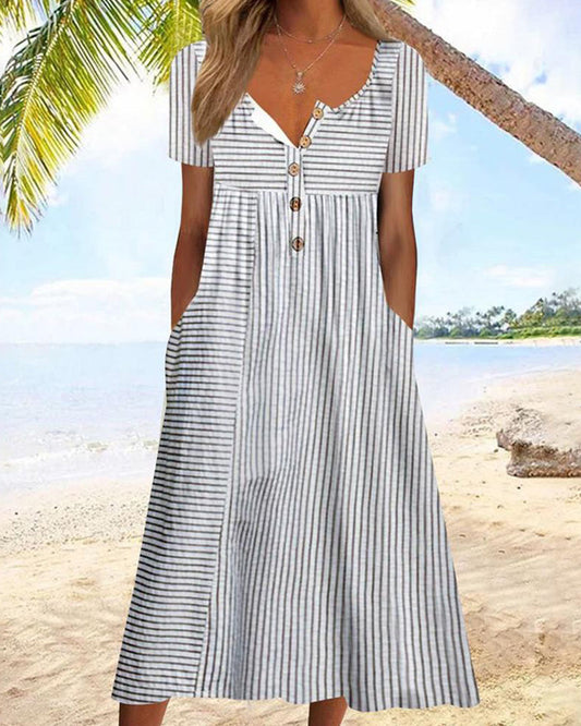 Women's Striped Short Sleeve V-Neck A-Line Midi Dress