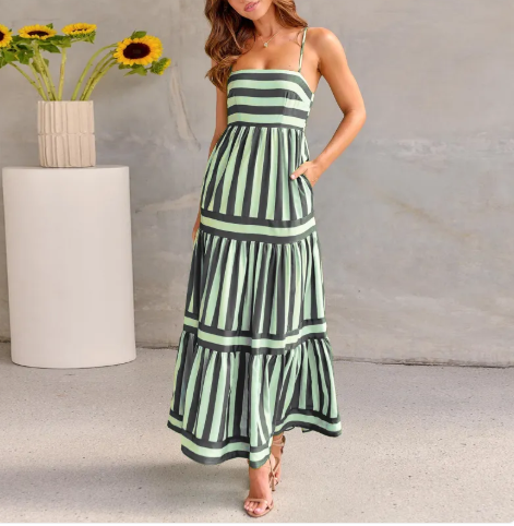 Women's Striped Spaghetti Strap Maxi Dress