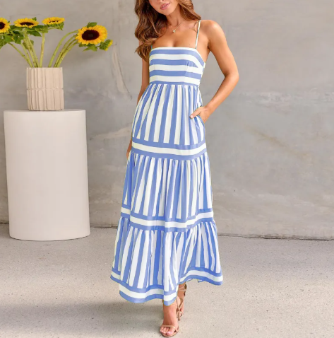 Women's Striped Spaghetti Strap Maxi Dress
