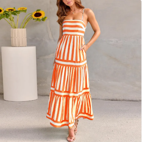 Women's Striped Spaghetti Strap Maxi Dress