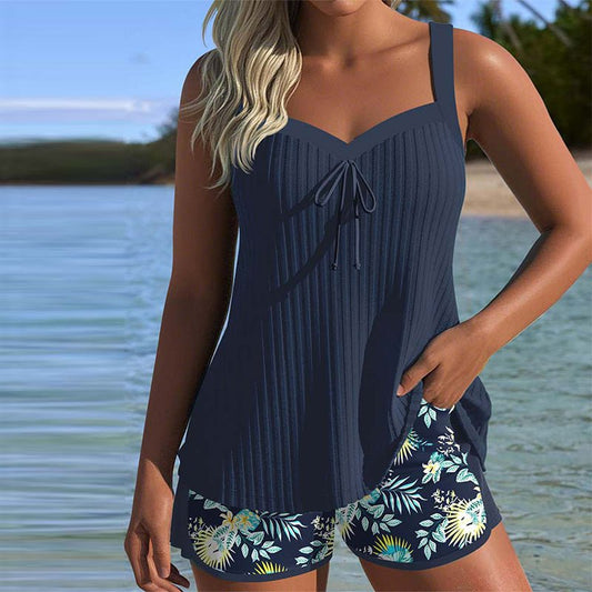 Women's Striped Two-Piece Tankini Set with Swim Shorts