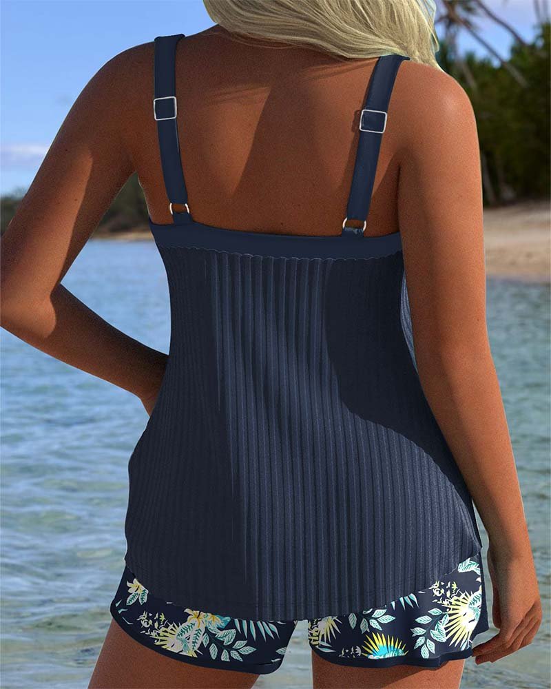 Women's Striped Two-Piece Tankini Set with Swim Shorts