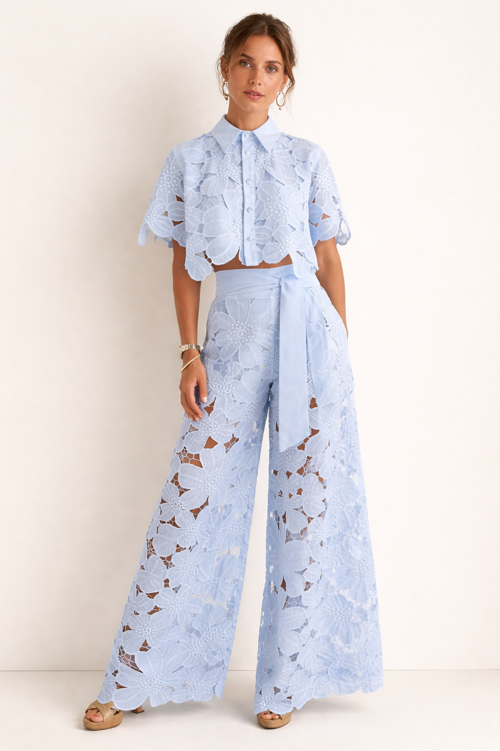 Women's Summer Blouse and Wide-Leg Pants Set with Elegant Pattern