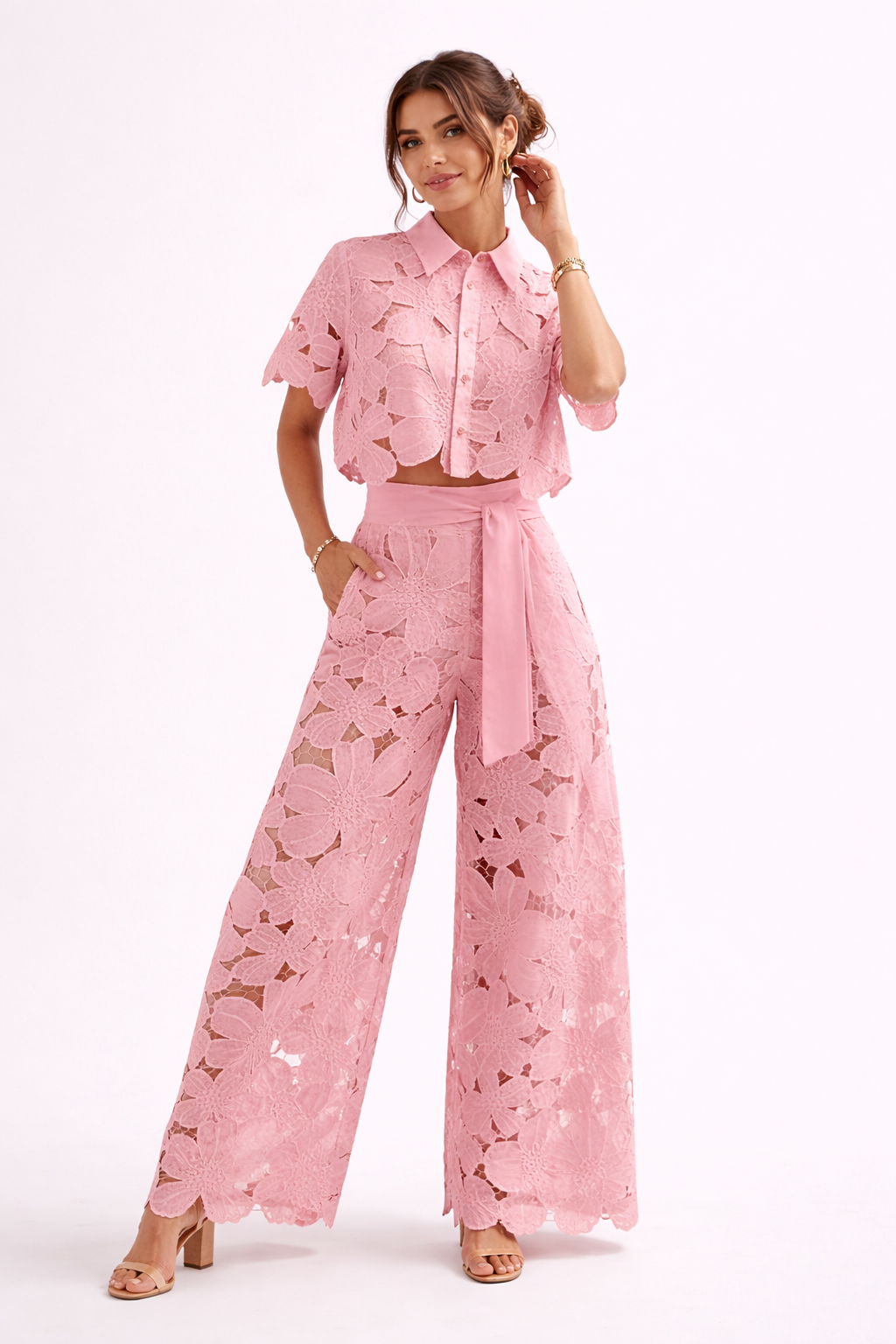 Women's Summer Blouse and Wide-Leg Pants Set with Elegant Pattern