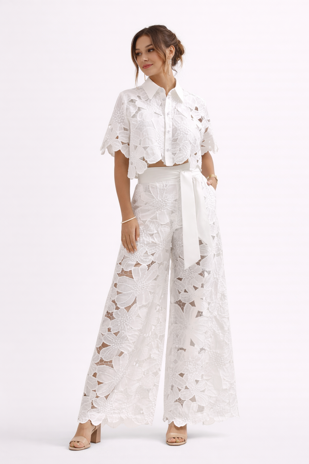 Women's Summer Blouse and Wide-Leg Pants Set with Elegant Pattern